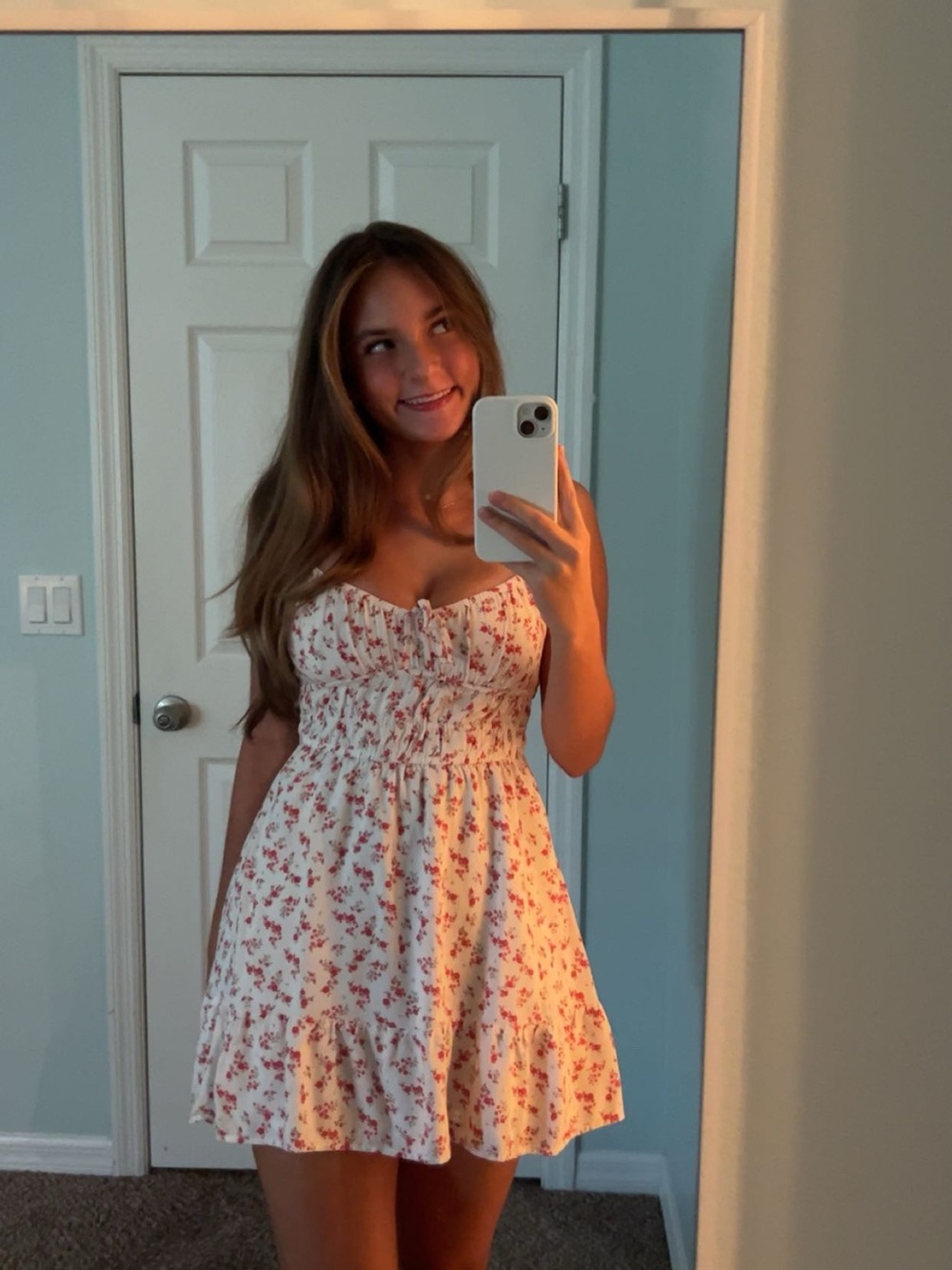Hollister White Floral Sundress with Red Rose Print